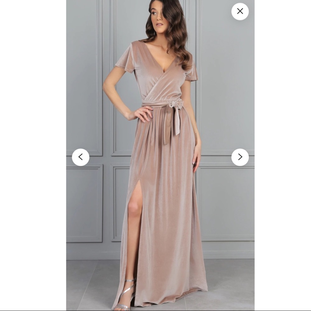 Velvet Bridesmaid Dress Wrap V- Neck Short Flutter Sleeves - Beige